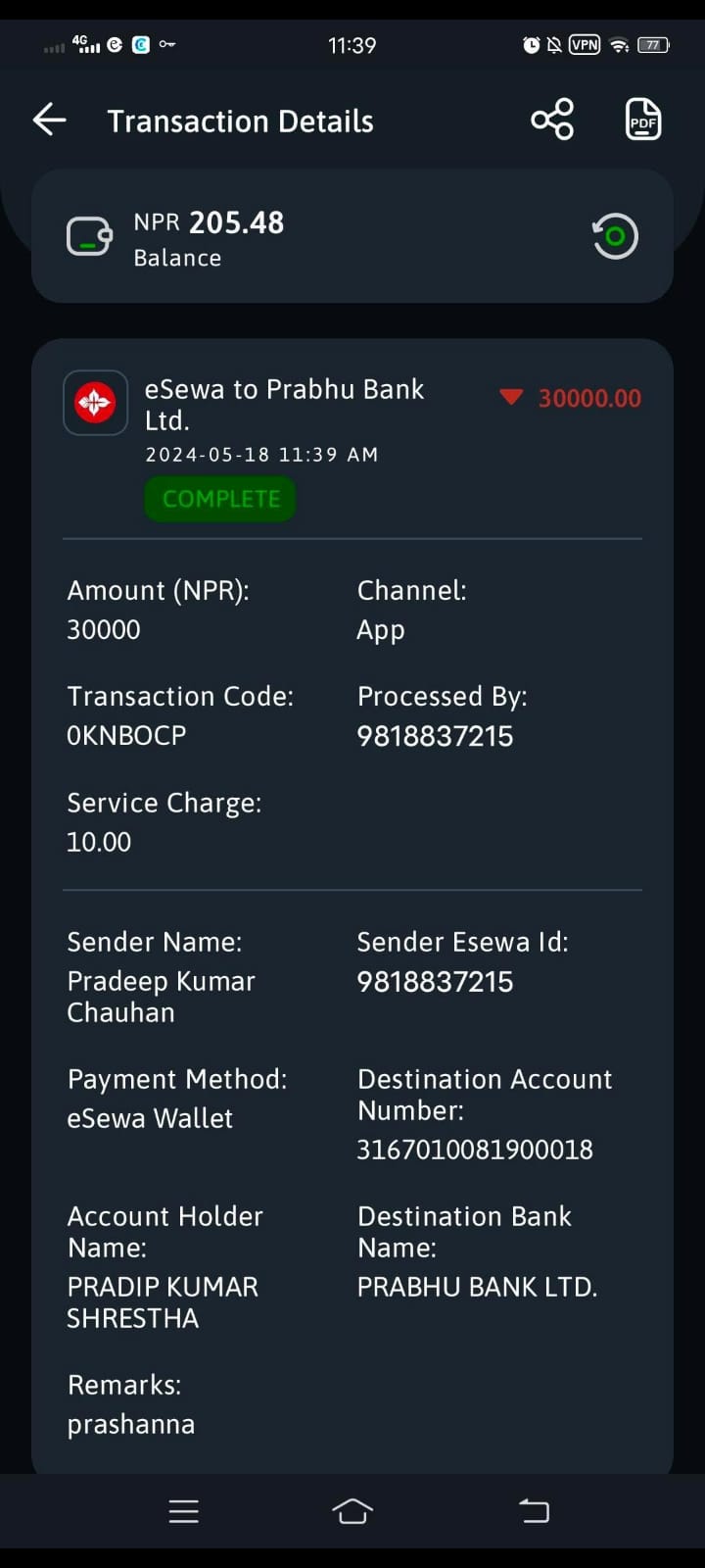 I sent Rs. 30,000 to Prashanna